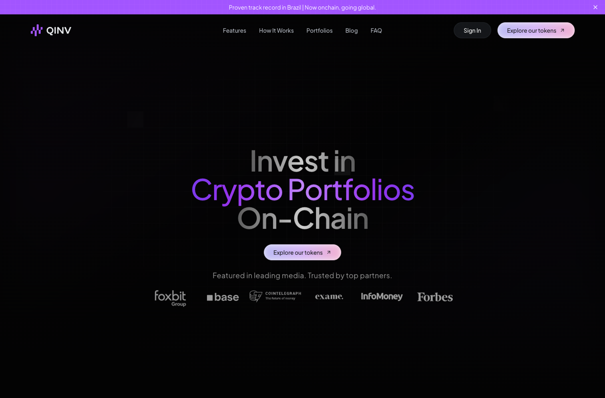 Live preview of the QINV onchain platform at qinv.io: tokenized crypto portfolios on Base