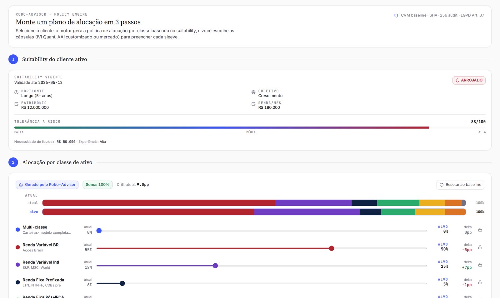 Robo-advisor policy engine: suitability profile and allocation targets per asset class, adjustable by the advisor